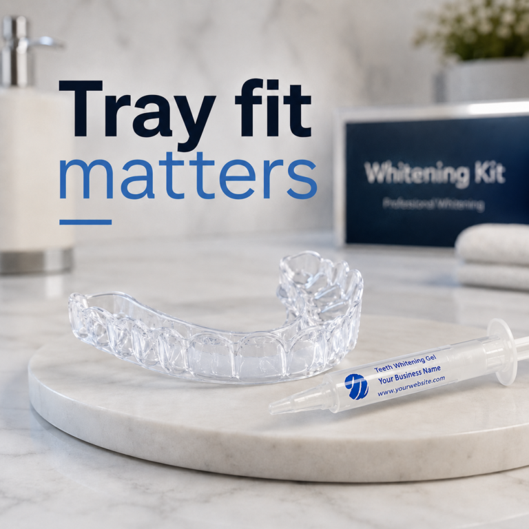 Whitening tray fit guidance graphic from White Teeth Global