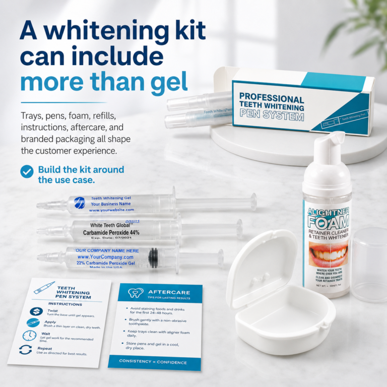 Whitening kit components and use-case planning graphic for White Teeth Global