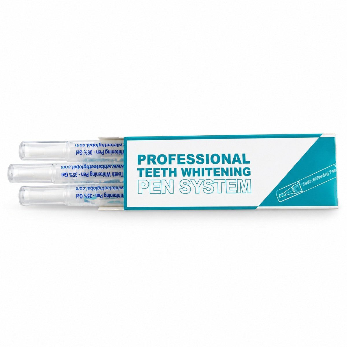 Teal and white professional teeth whitening pen system box with three clear whitening pens