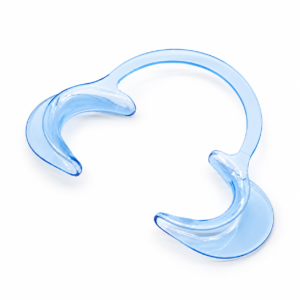 Translucent light-blue C-shaped plastic cheek retractor on a white background