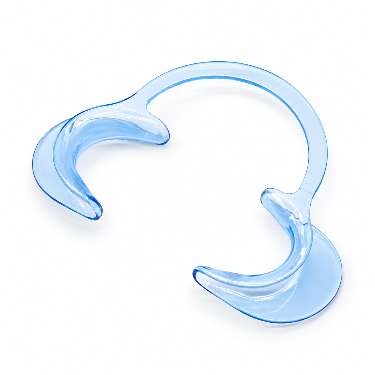 Translucent light-blue C-shaped plastic cheek retractor on a white background