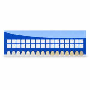 Blue and white teeth whitening shade guide card displaying sixteen tooth shade tabs