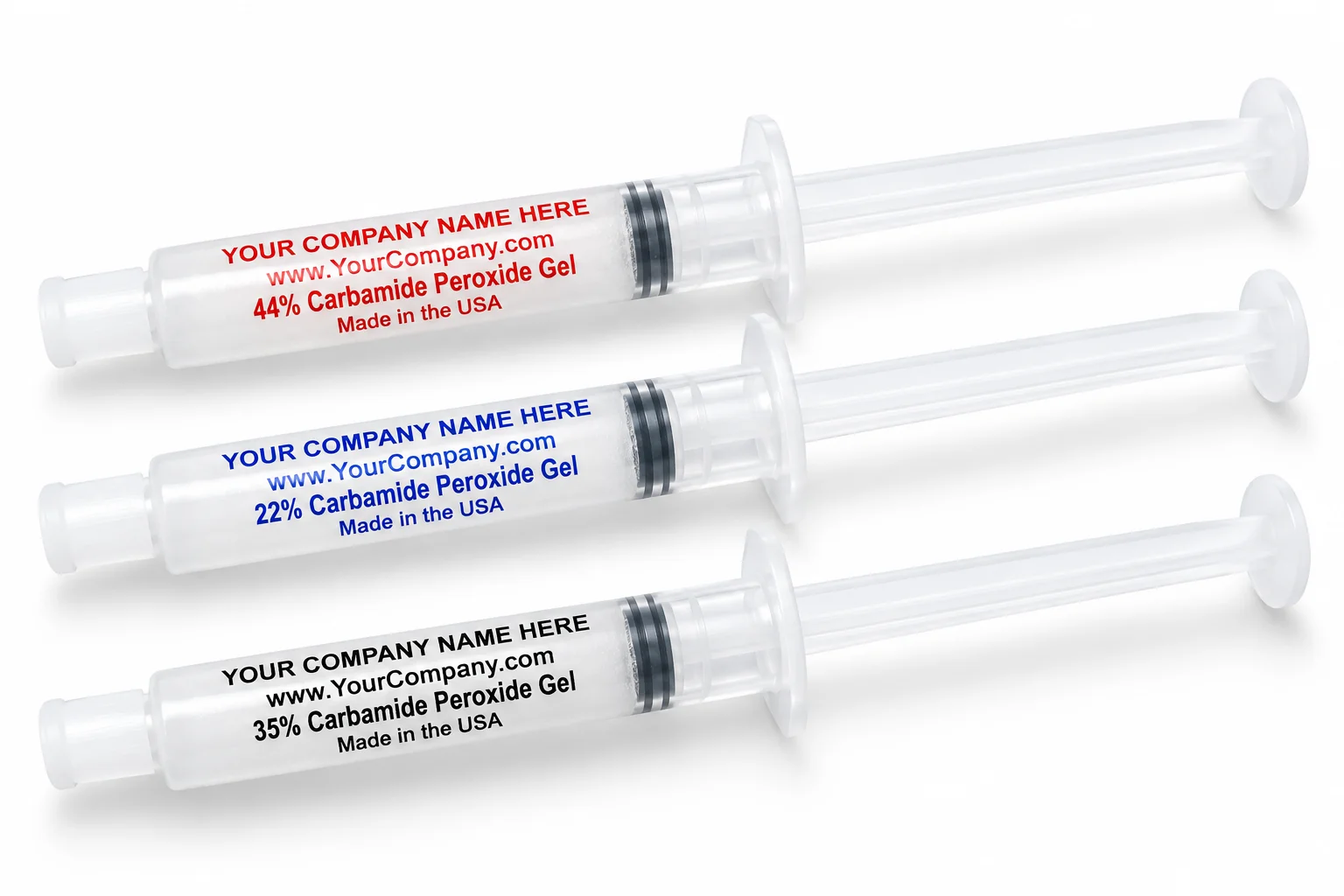Three whitening gel syringes with placeholder custom label text reading Your Company Name Here, in 22, 35 and 44 percent carbamide peroxide strengths