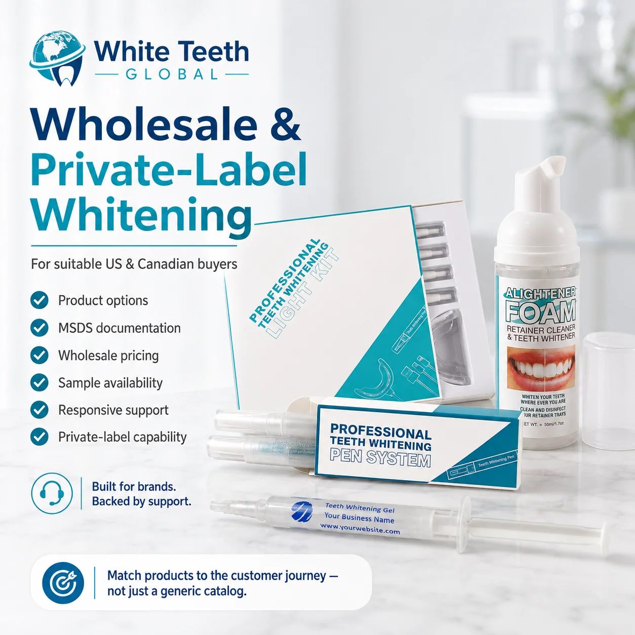 White Teeth Global wholesale and private-label whitening products on a counter, including a professional LED light kit, pen system, gel syringes and Alightener Foam