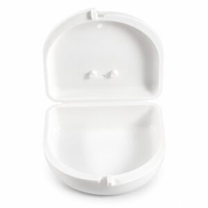 Open white dental retainer and whitening tray storage case showing the empty interior and hinge