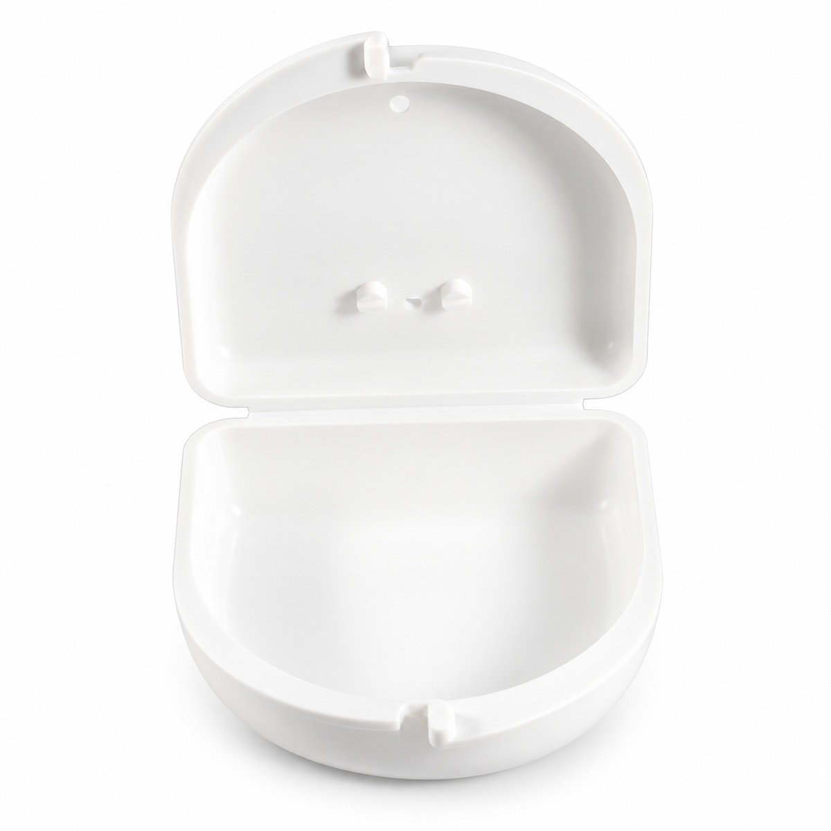 Open white dental retainer and whitening tray storage case showing the empty interior and hinge