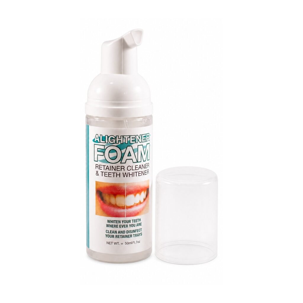 White Alightener Foam pump bottle, retainer cleaner and teeth whitener, with cap removed