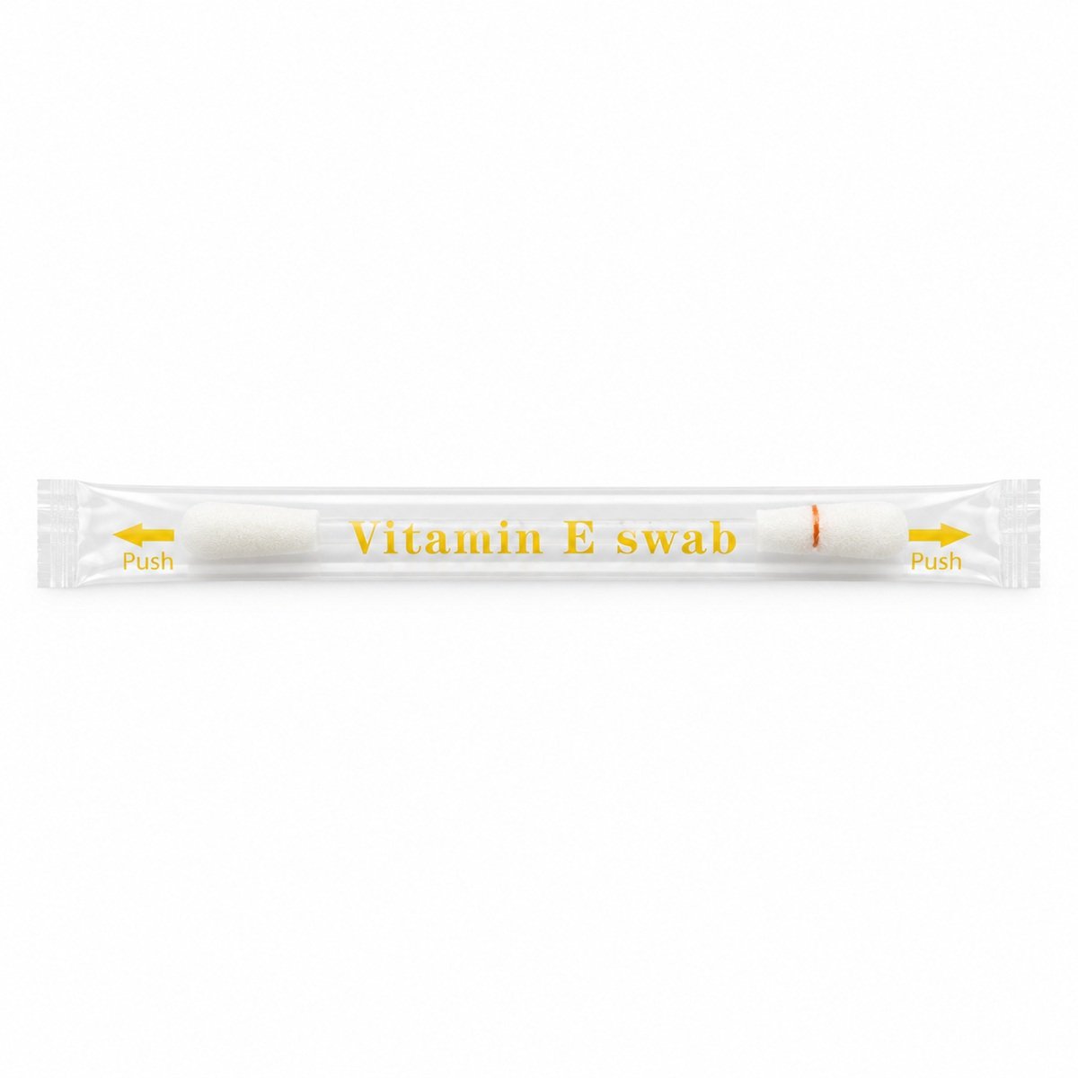 Sealed clear packet labelled Vitamin E swab with yellow push arrows at both ends