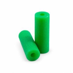 Two green hollow cylindrical dental aligner seater chew tubes on a white background