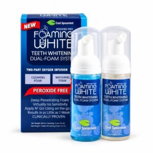 Blue Foaming White dual-foam system box beside two pump bottles, cool spearmint, 50ml each