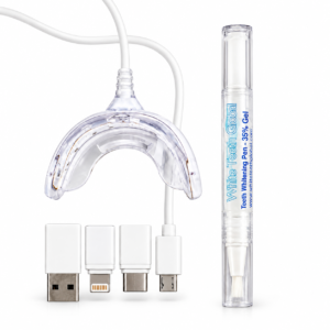 iLED teeth whitening kit with clear LED mouth tray, USB adapters and a White Teeth Global 35% whitening pen