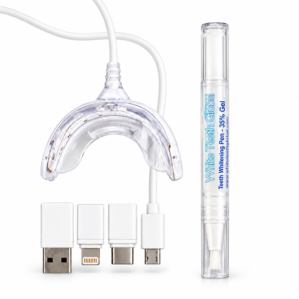 iLED teeth whitening kit with clear LED mouth tray, USB adapters and a White Teeth Global 35% whitening pen
