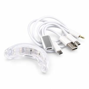 Clear LED mouth tray with white cables, USB, micro-USB, USB-C connectors and a silver adapter