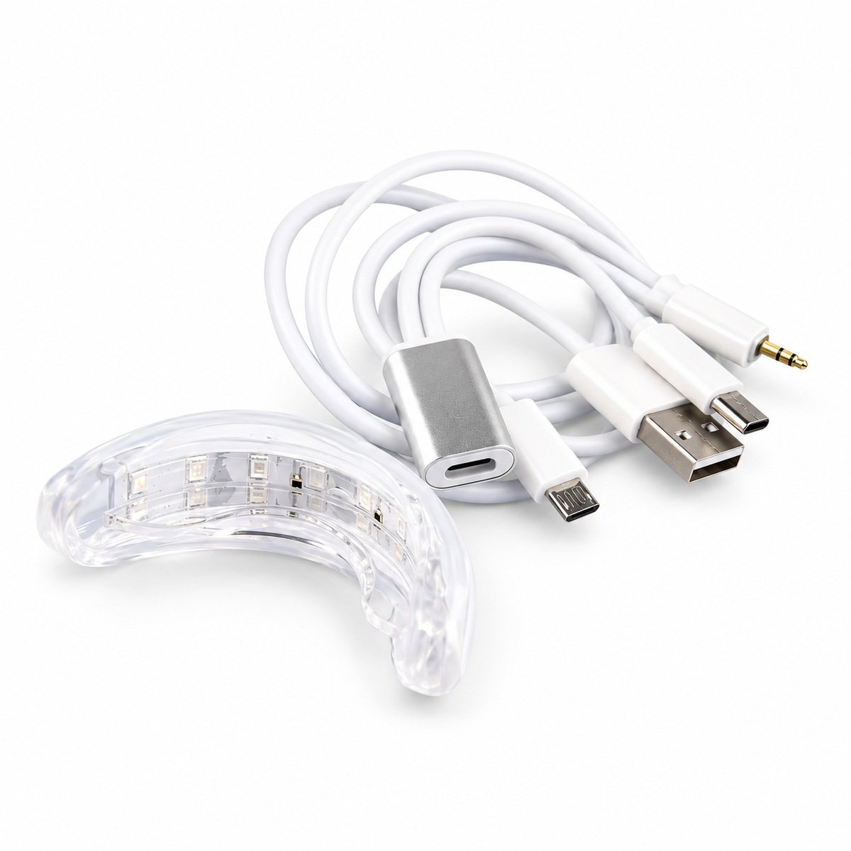 Clear LED mouth tray with white cables, USB, micro-USB, USB-C connectors and a silver adapter