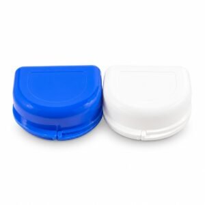 Two closed blue and white plastic retainer cases side by side
