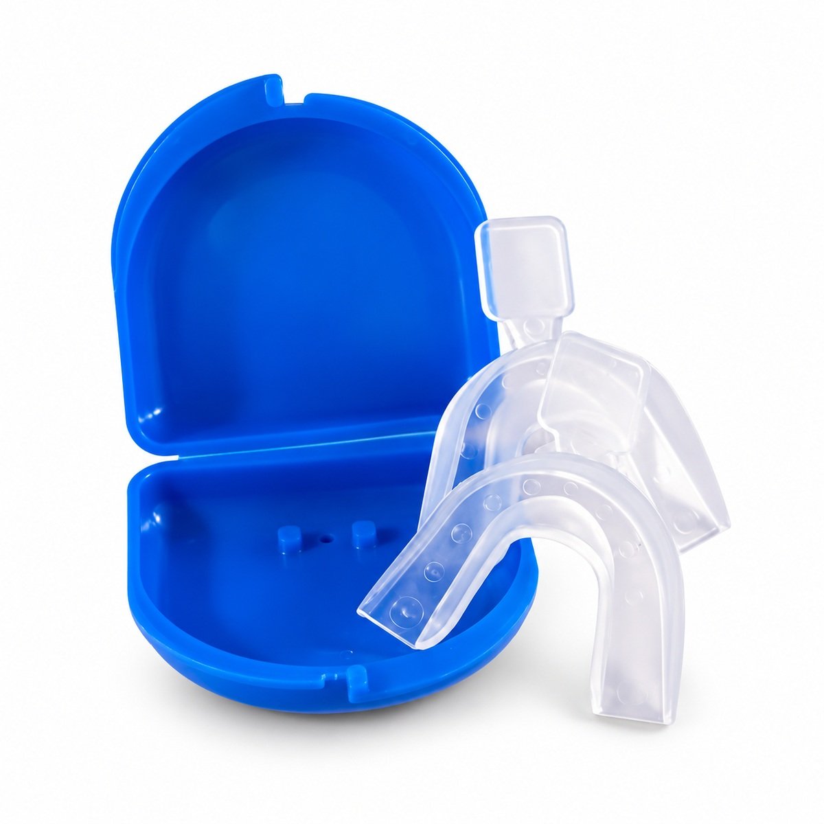 Blue retainer case with two clear mouth trays on a white background