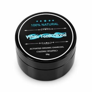 Round black tin of White Teeth Global activated organic charcoal whitener and detoxifier, 30g, 100% natural