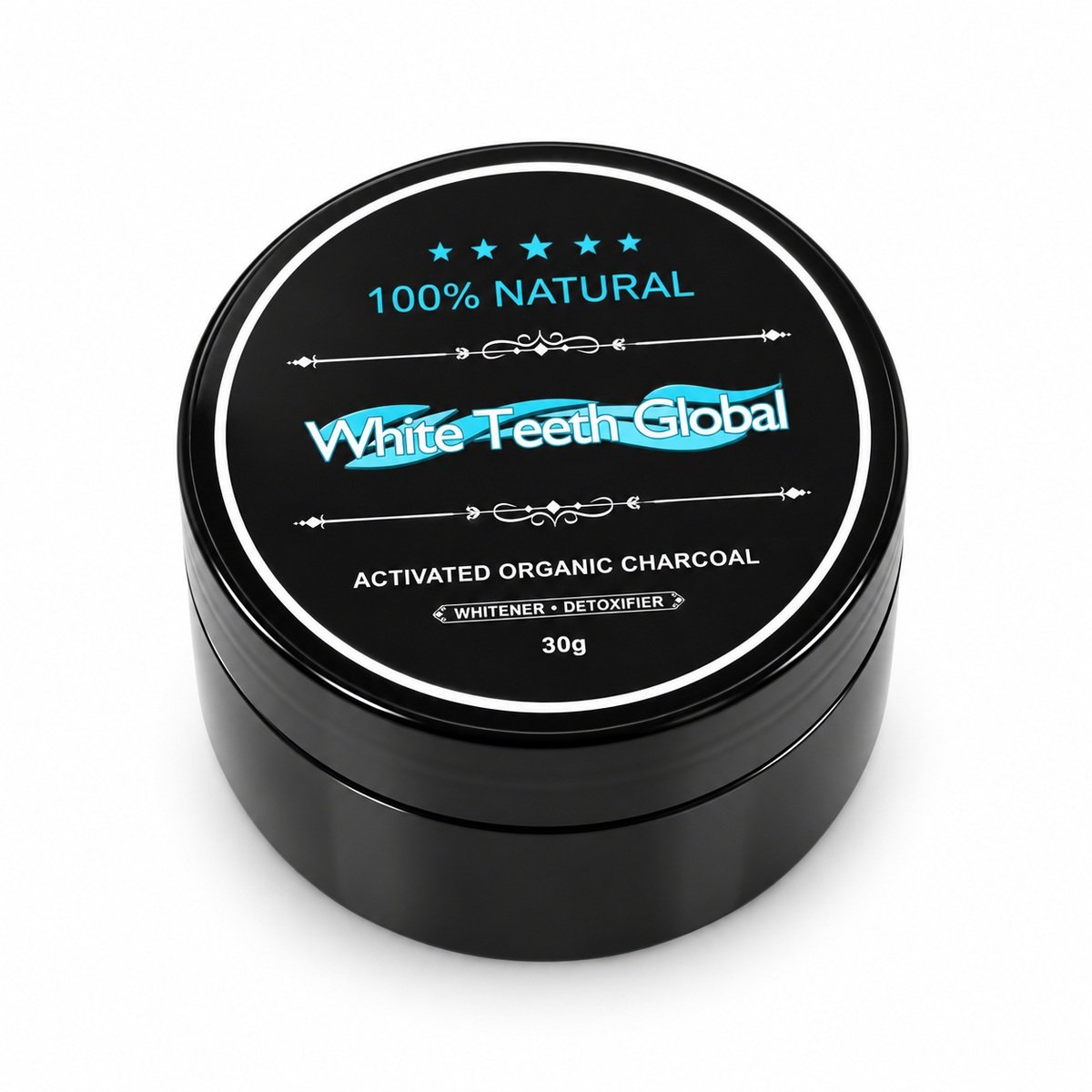 Round black tin of White Teeth Global activated organic charcoal whitener and detoxifier, 30g, 100% natural