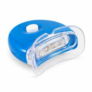 Blue LED teeth whitening device with white button and clear mouth tray