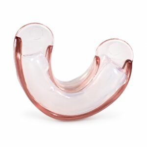Clear U-shaped silicone filled mouth tray with pink rim and two bite pads