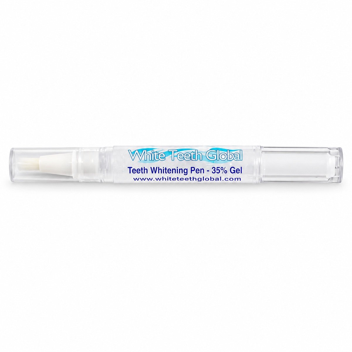 Clear teeth whitening pen labelled White Teeth Global teeth whitening pen 35% gel