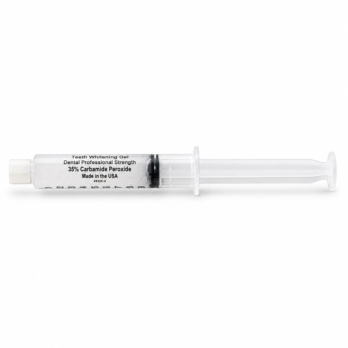Clear whitening gel syringe labelled 35% carbamide peroxide, professional strength, made in USA