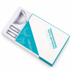 White and teal professional teeth whitening light kit box partially open showing the LED tray and pens