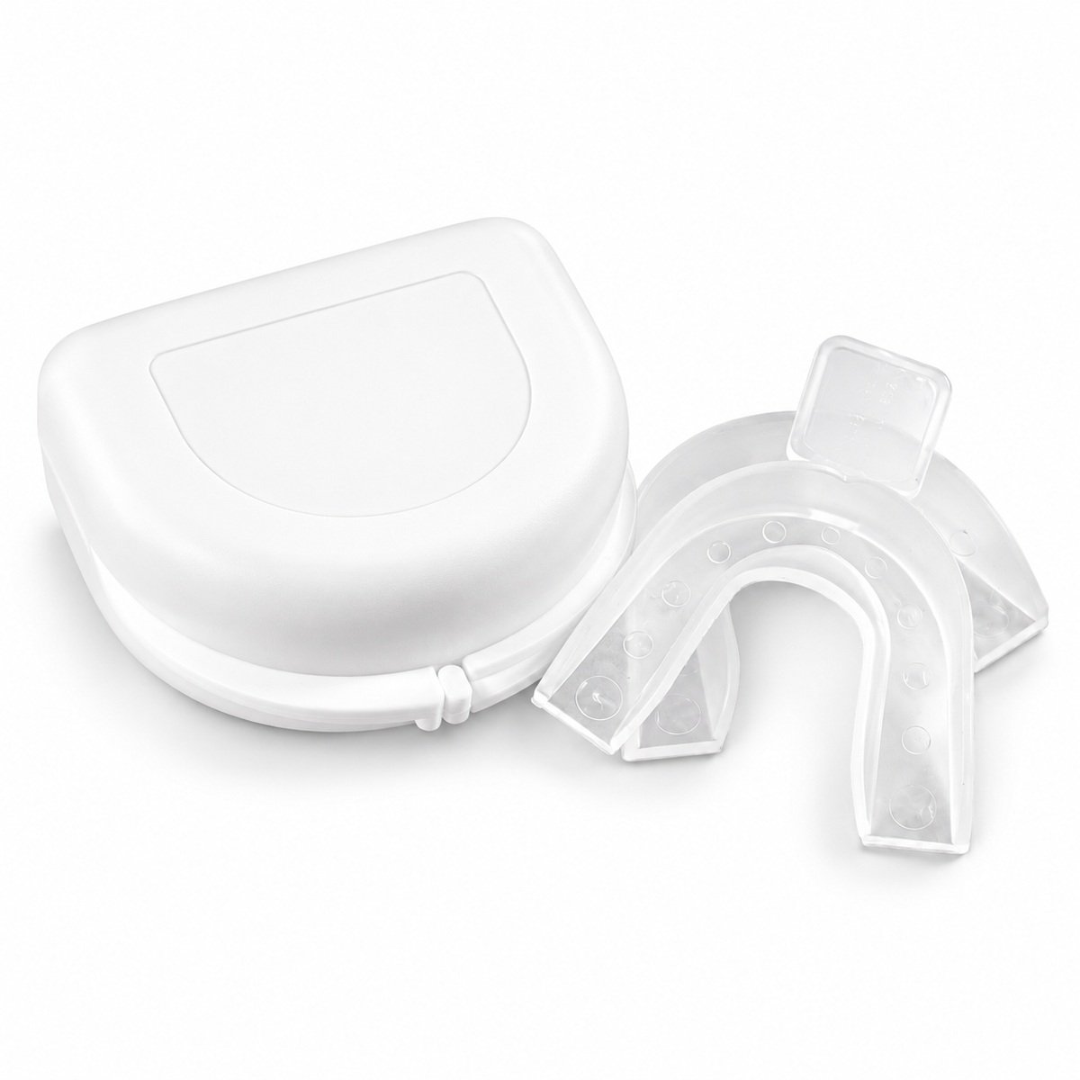 White ventilated retainer case beside two clear mouth trays on a white background