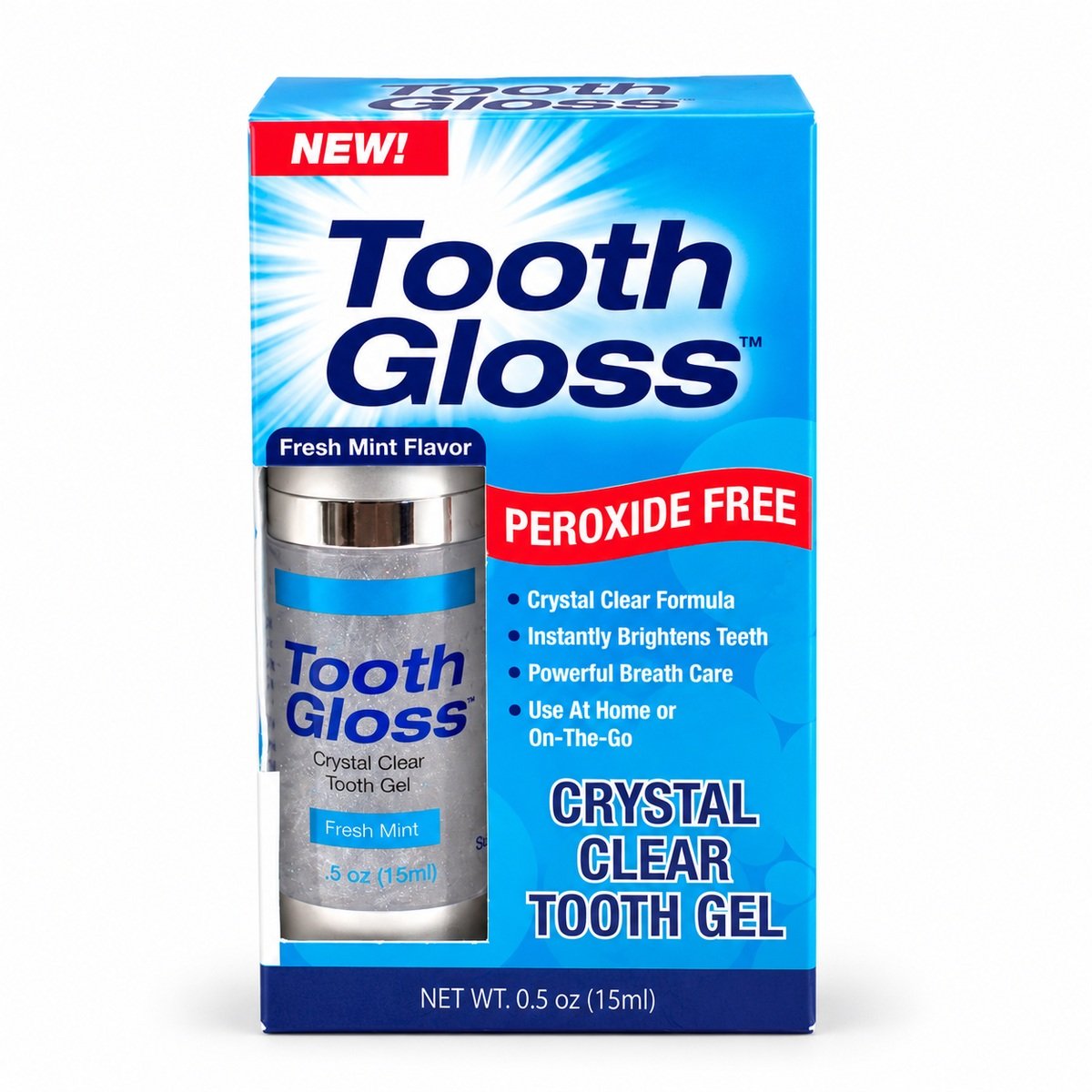 Blue Tooth Gloss retail box with window showing a silver pump bottle, fresh mint flavour, peroxide free